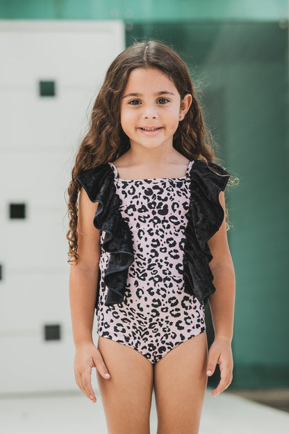 Pink Leopard one-piece sleeveless kids swimwear by Bronze Tartarus, featuring a vibrant pink and leopard print design.