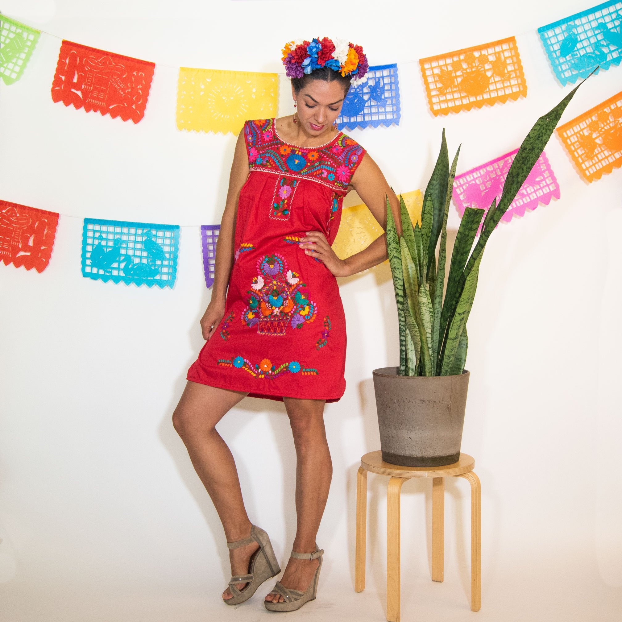 Red vintage dress with hand-embroidered floral details, women&