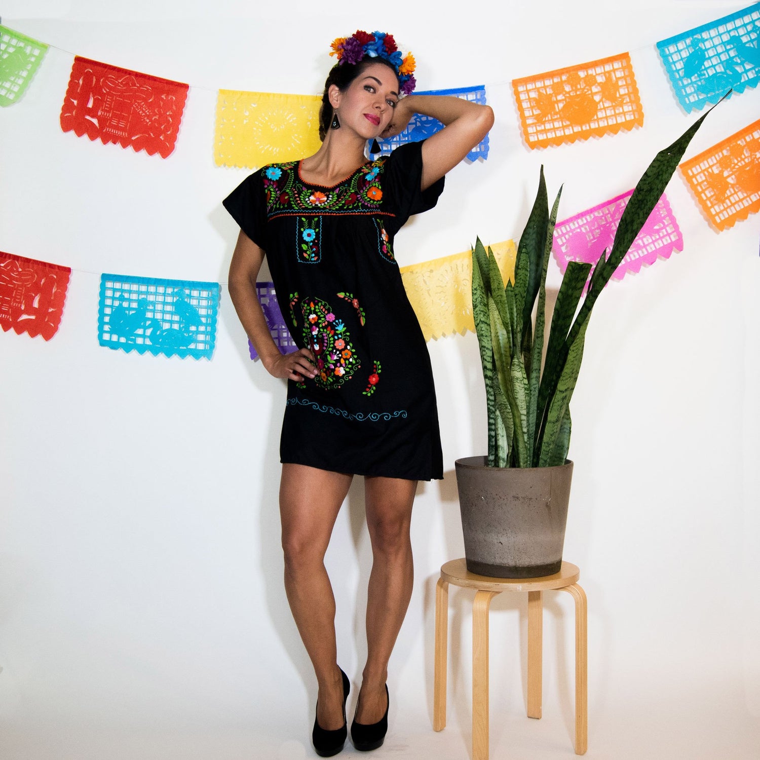 Black Mexican dress with multicolored floral embroidery, women&