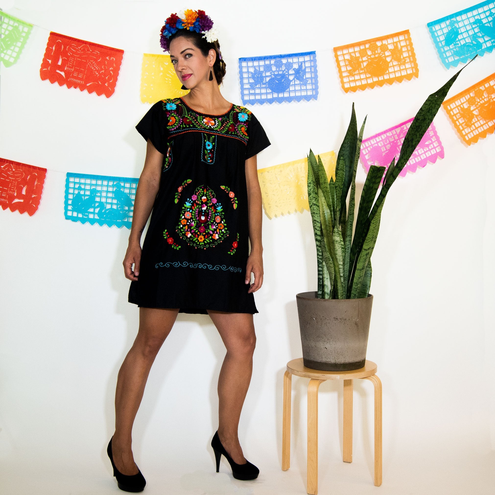 Violet Athena black Mexican dress with multicolored floral embroidery, women&