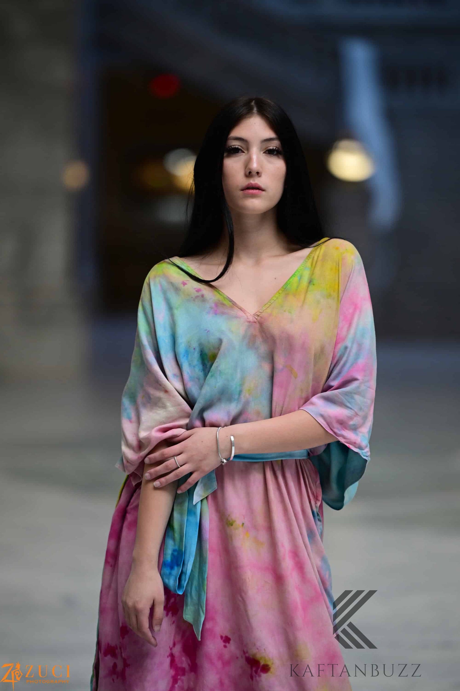 Light and soft watercolor kaftan dress by Erin Pontus with fairytale-inspired colors and flowing, elegant fabric.