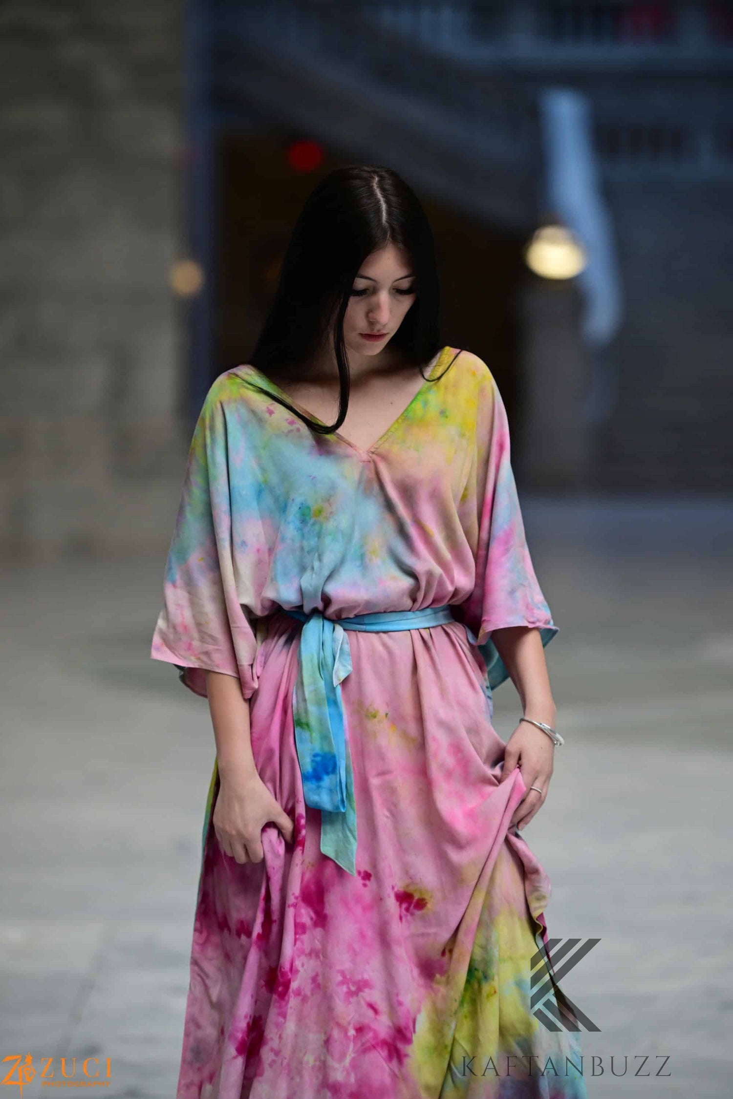 Dreamy watercolor-style kaftan dress by Erin Pontus featuring light, soft fabrics and fairytale-inspired colors.