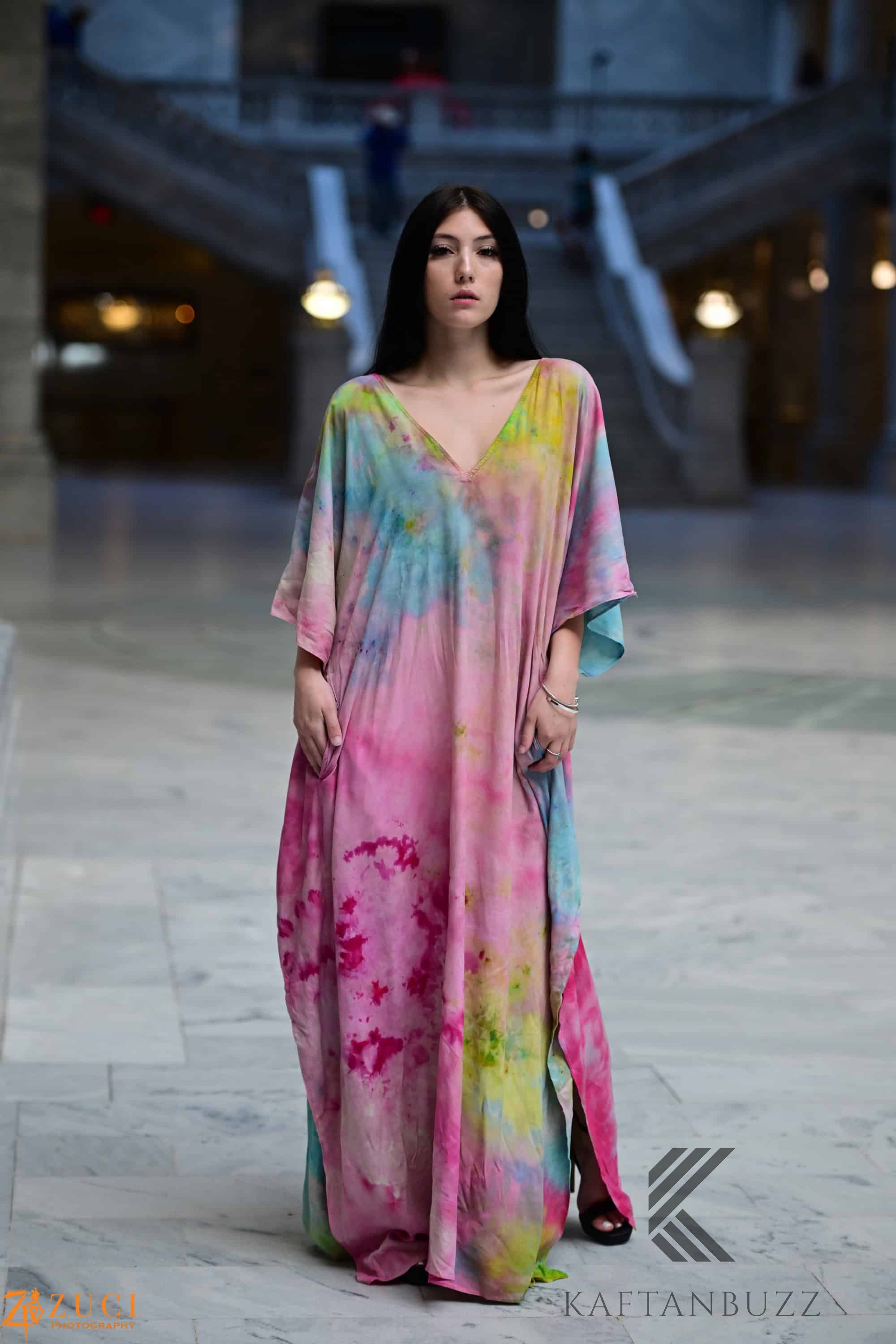 Dreamy watercolor kaftan dress by Erin Pontus featuring soft fabric and fairytale-inspired colors, flowing and elegant.