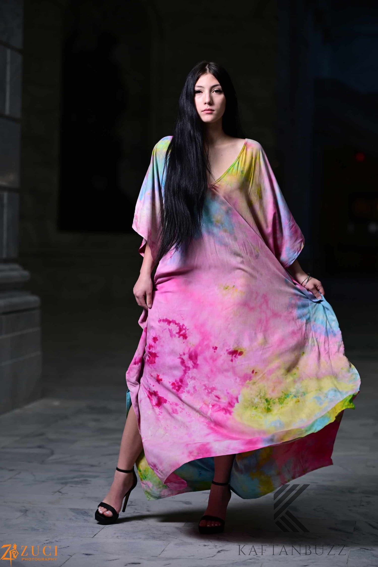 Dreamy watercolor kaftan dress by Erin Pontus featuring light, soft fabric and fairytale-inspired colors, perfect for boho style.
