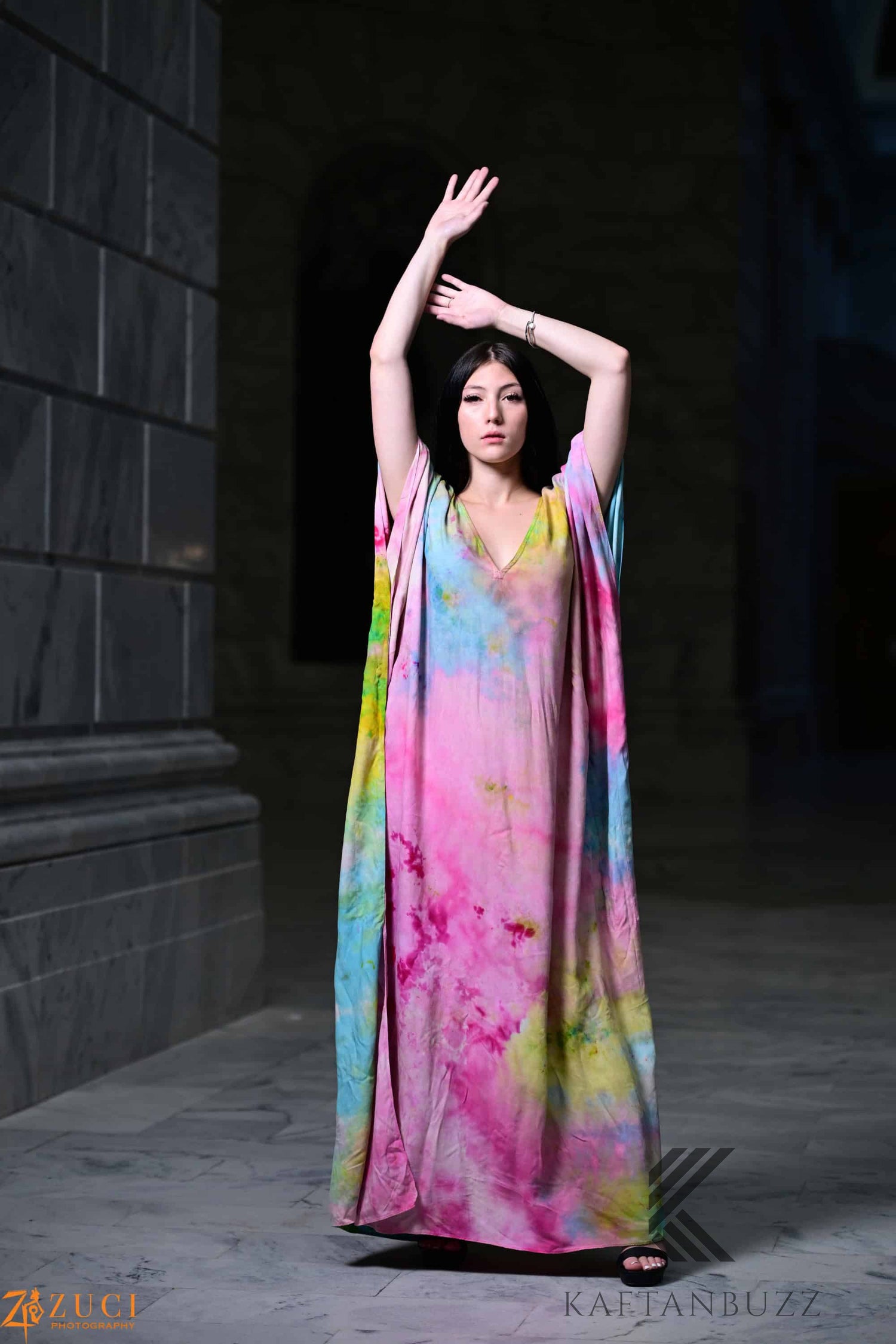 Dreamy watercolor kaftan dress by Erin Pontus featuring light, soft fabric and fairytale-inspired colors, perfect for elegant summer wear.