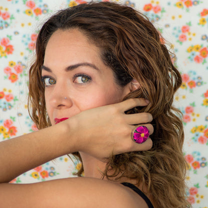 Violet Athena textile flower Mexican ring worn on a woman&