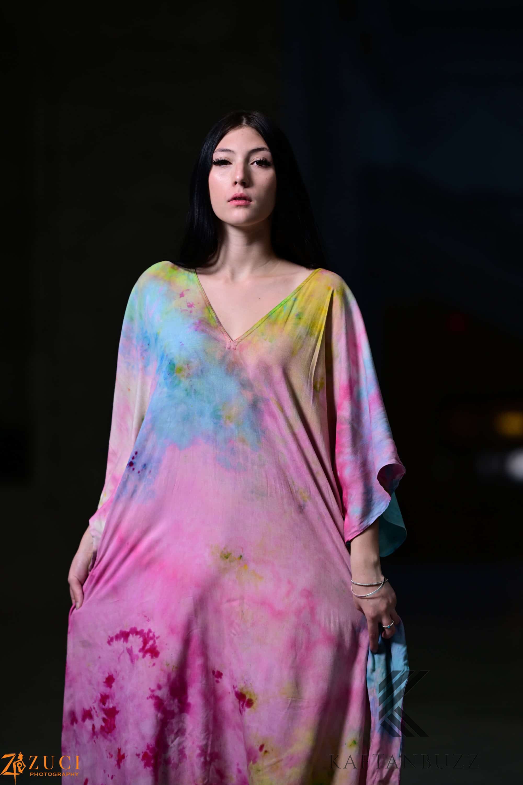 Light and soft watercolor kaftan dress by Erin Pontus featuring fairytale-inspired pastel colors and flowing, comfortable fabric.