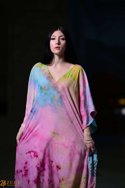 Light and soft watercolor kaftan dress by Erin Pontus featuring fairytale-inspired pastel colors and flowing, comfortable fabric.