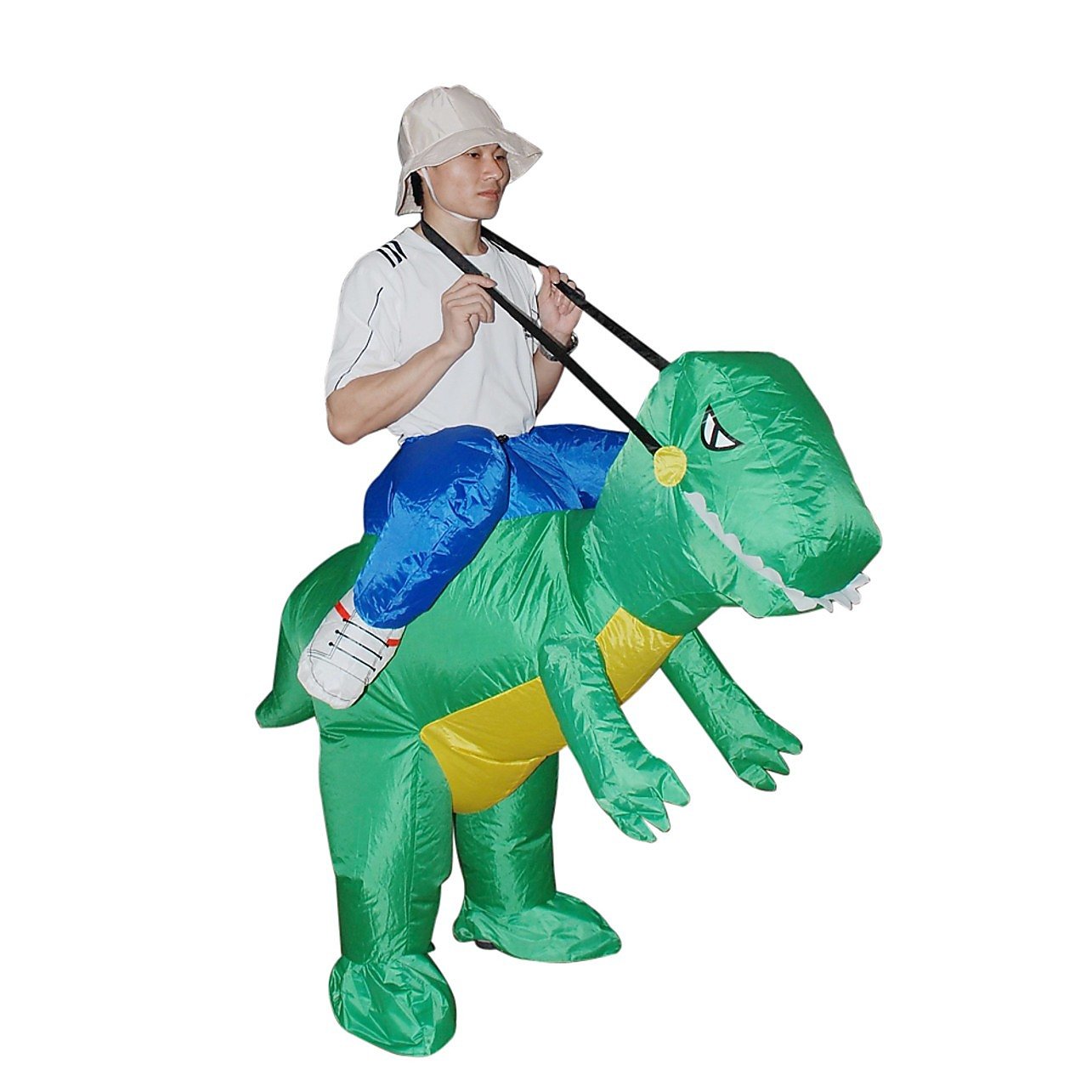 Magenta Danae Dino Fancy Dress Inflatable Suit with fan operation, displayed on a mannequin in a home and garden setting.