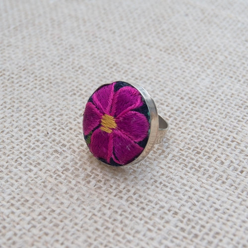 Violet Athena textile flower Mexican ring for women, featuring colorful fabric flower design on a silver band.