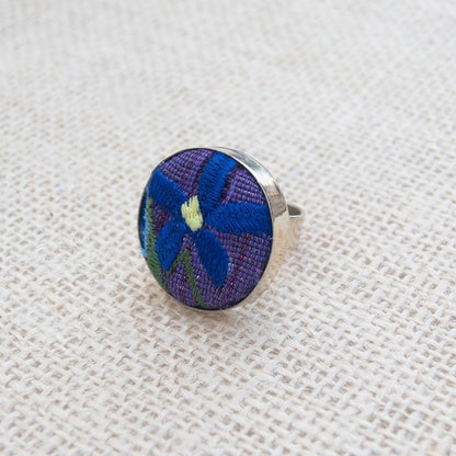 Violet Athena textile flower Mexican ring for women, featuring colorful fabric flower design on a silver band.