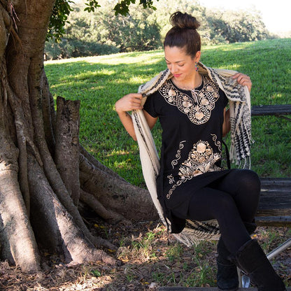 Golden embroidered Mexican dress for women by Violet Athena, featuring traditional ethnic folk design and vibrant textile details.
