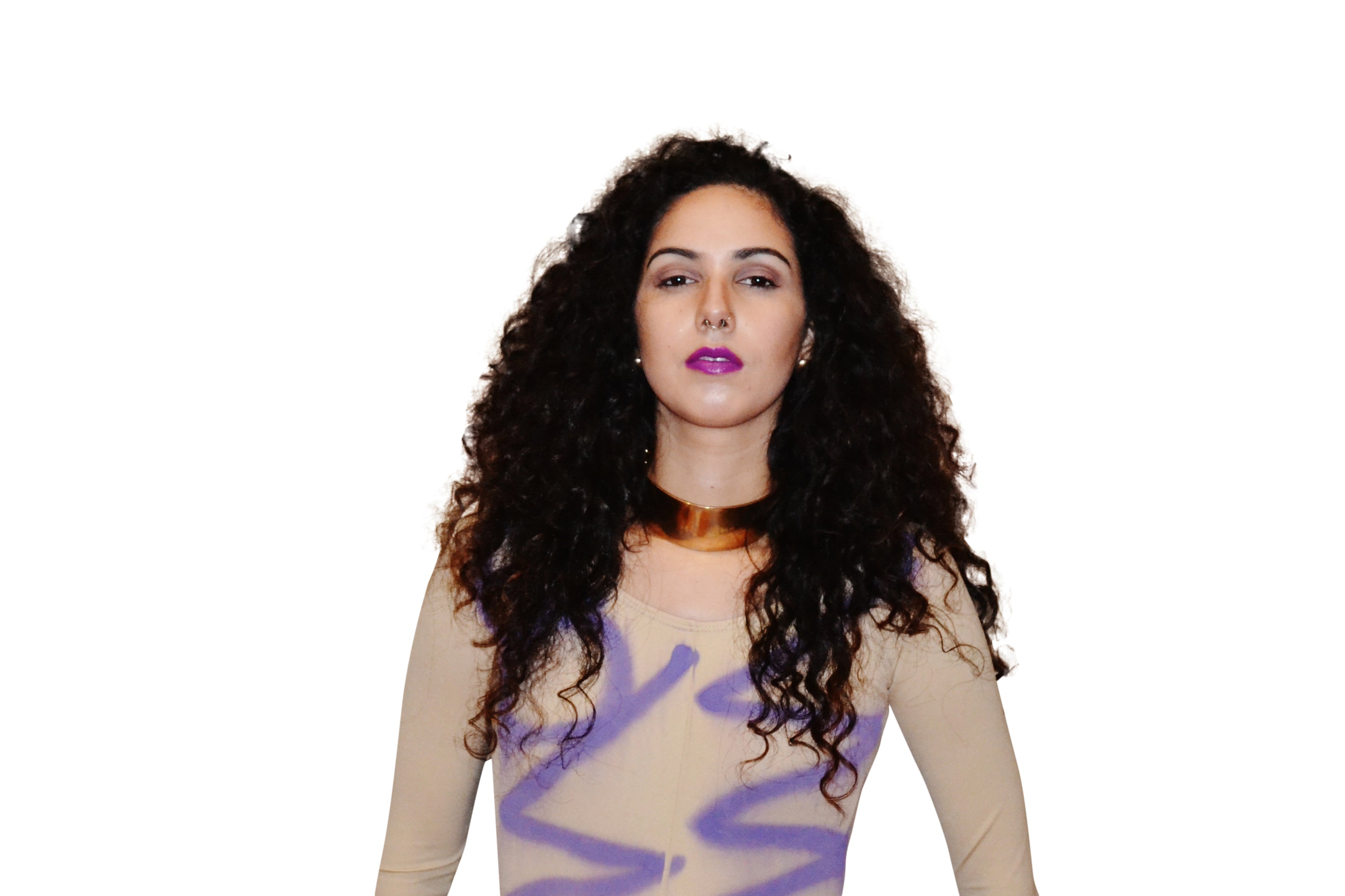 Women’s nude and purple cat suit by Erin Theia, form-fitting costume with feline-inspired design, shown on a model.