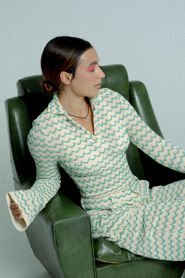 Lightweight green long sleeve button-up cotton knit shirt for women by Raspberry Molly, shown in a casual fit.
