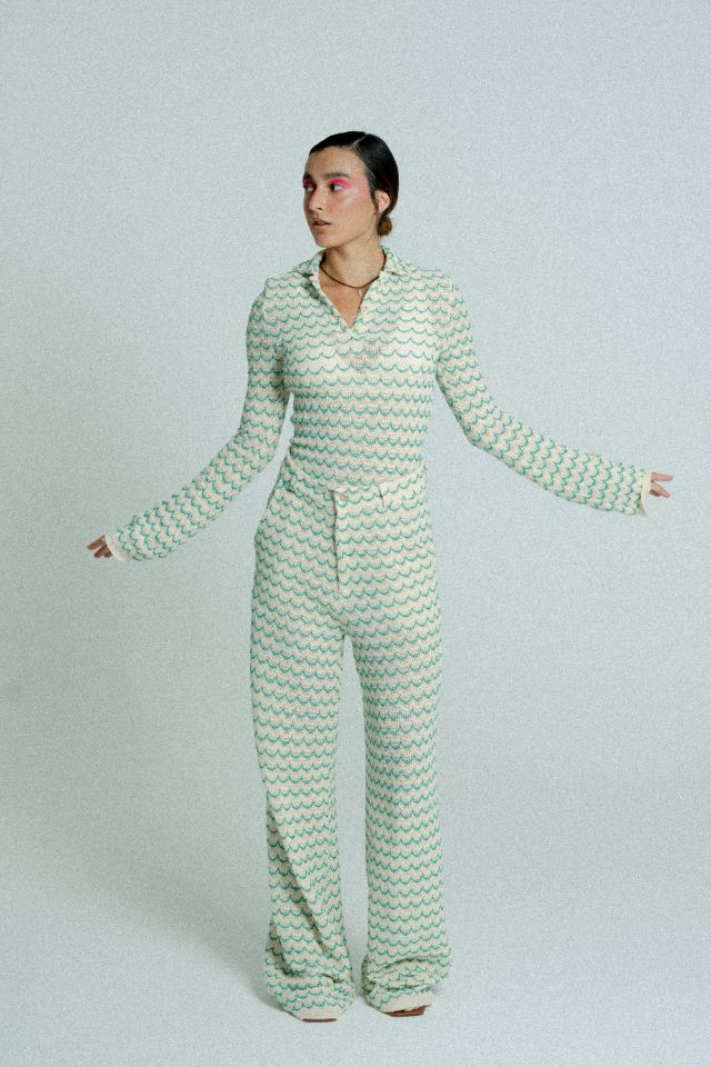 Green lightweight long sleeve button-up cotton knit shirt for women by Raspberry Molly, shown on a model.