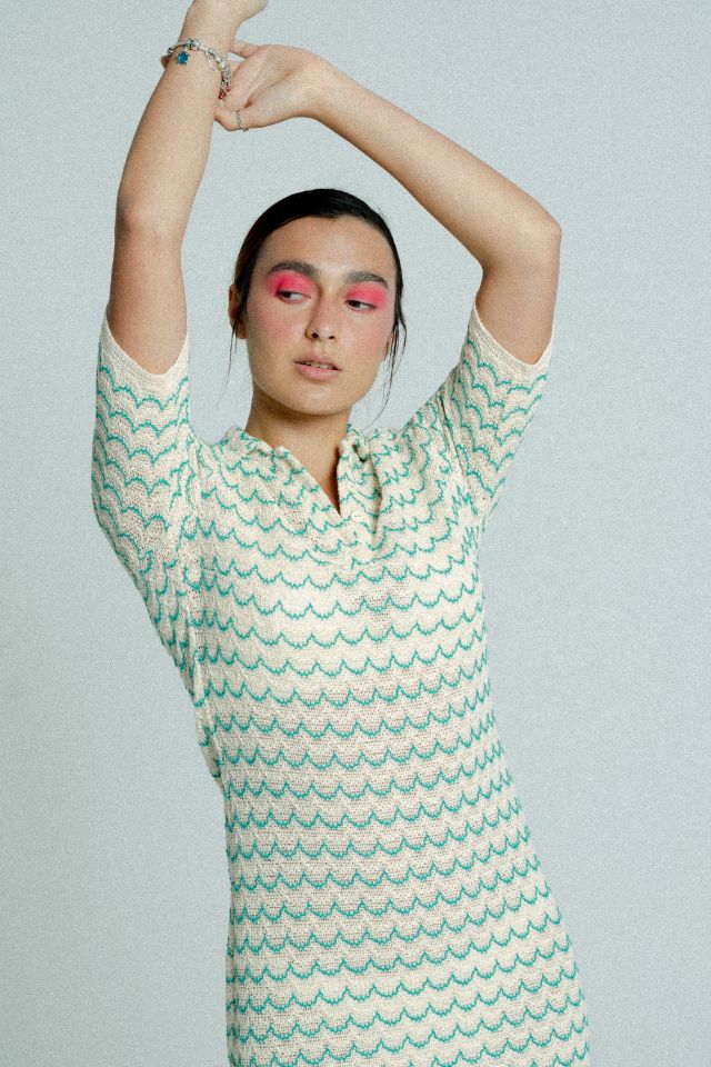 Green lightweight short sleeve cotton knit tennis dress by Raspberry Molly, button-up style for women.