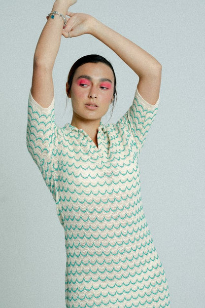 Green lightweight short sleeve cotton knit tennis dress by Raspberry Molly, button-up style for women.
