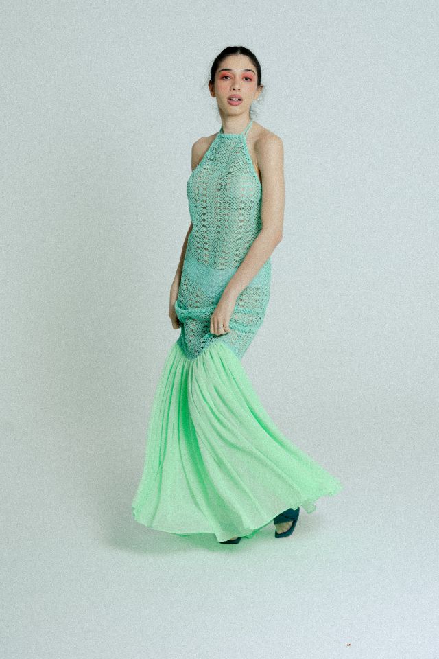 Green open-back cotton crochet dress for women by Raspberry Molly, featuring intricate crochet details and a stylish back design.