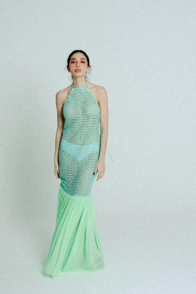 Green open-back cotton crochet dress for women by Raspberry Molly, featuring intricate crochet details and a stylish open back design.