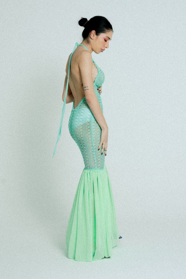 Green open back cotton crochet dress for women by Raspberry Molly, featuring a stylish and breathable design.