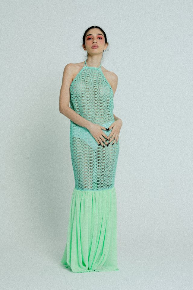 Green open-back cotton crochet dress for women by Raspberry Molly, featuring intricate crochet details and a stylish open back design.