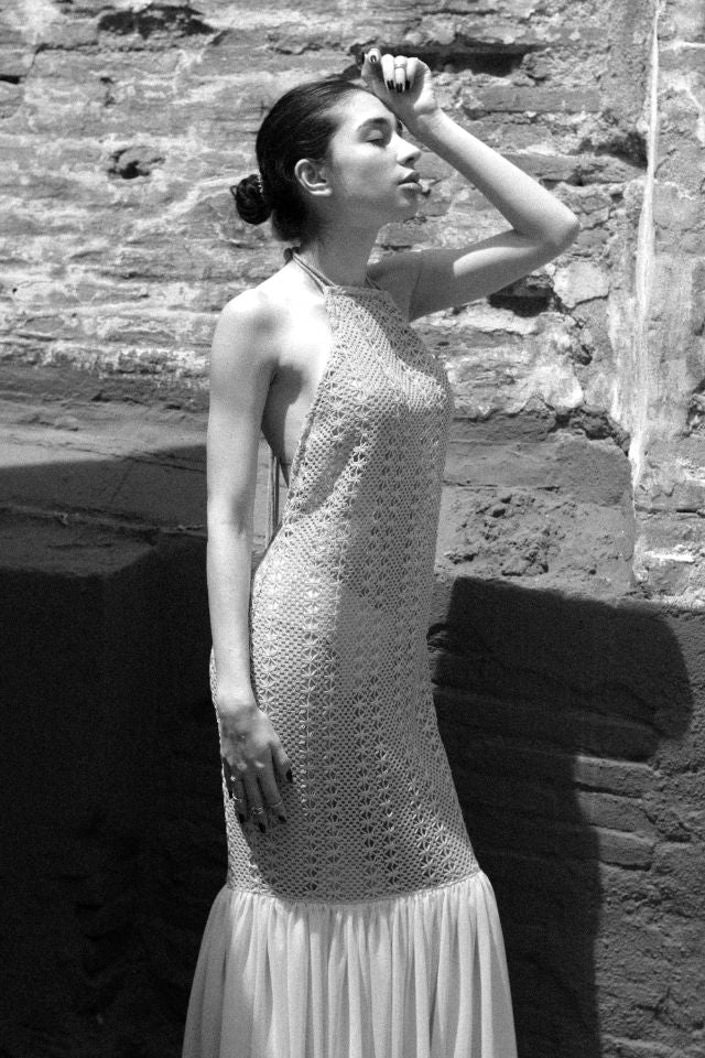Green open-back cotton crochet dress for women by Raspberry Molly, featuring a stylish and airy design.