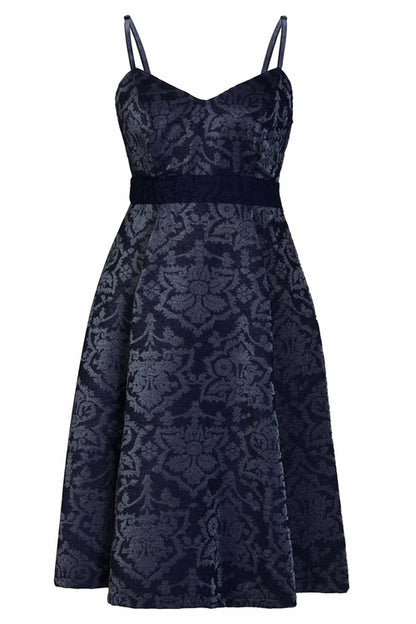 Blush Athena jacquard skater dress with fitted bodice and flared skirt, featuring intricate woven pattern and elegant design.