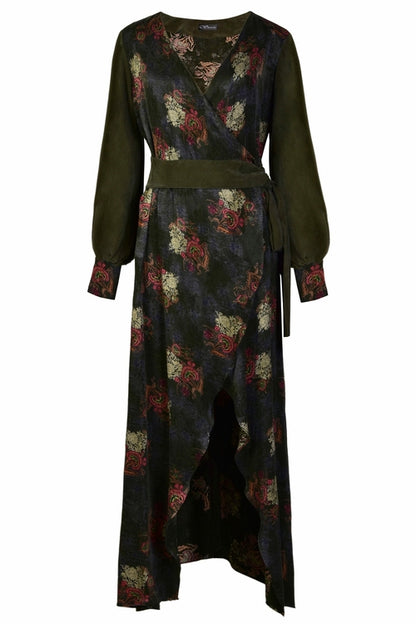 Blush Athena long sleeve wrap dress with V-neckline and fitted waist, displayed on a mannequin.