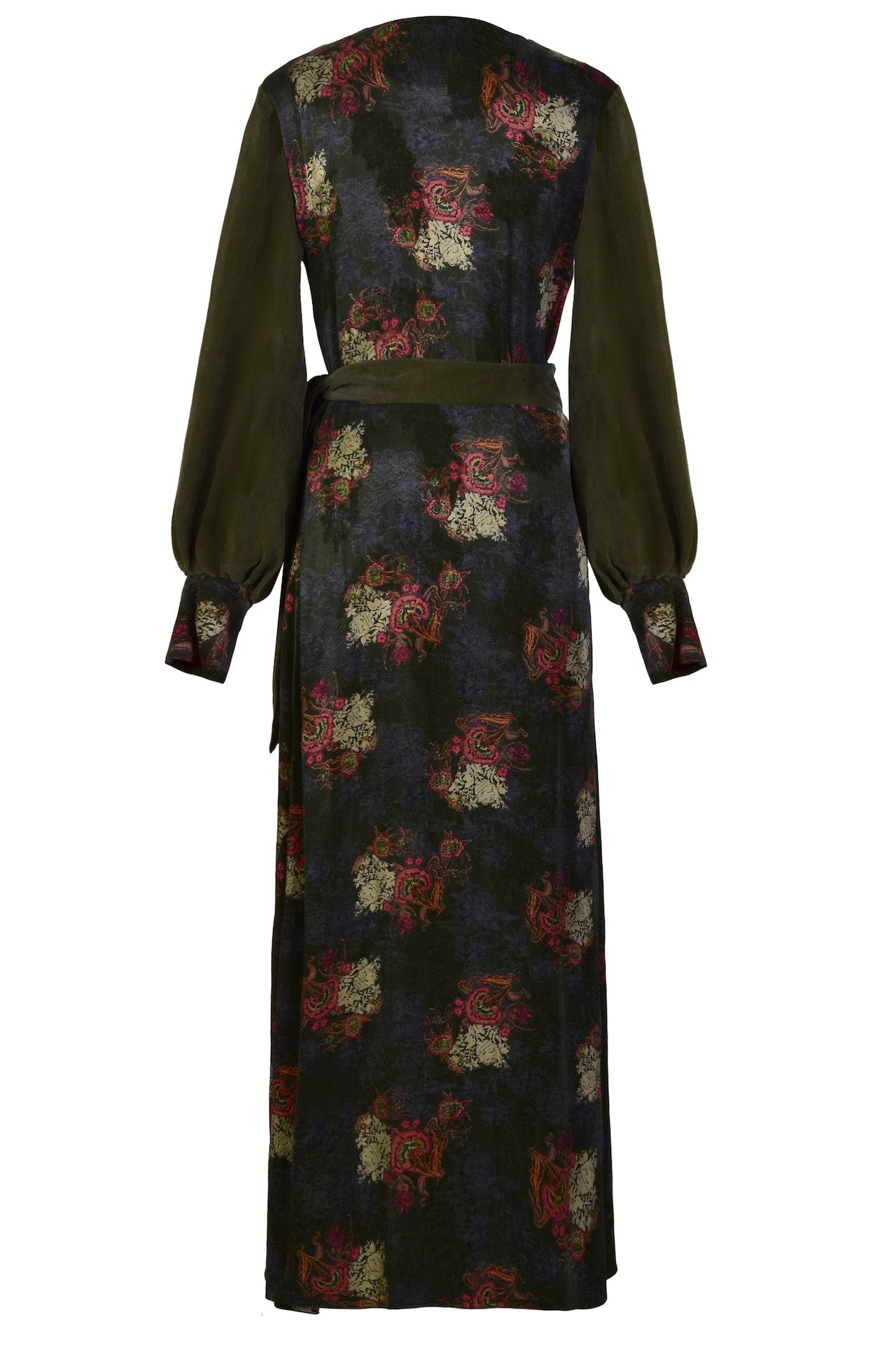 Blush Athena long sleeve wrap dress displayed on a hanger with a fitted waist and flowing fabric, perfect for elegant occasions.