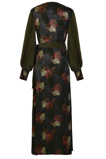 Blush Athena long sleeve wrap dress displayed on a hanger with a fitted waist and flowing fabric, perfect for elegant occasions.