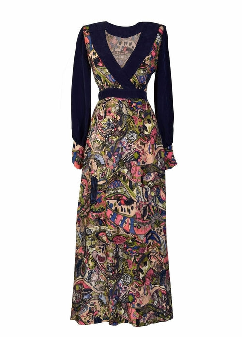 Hand-painted long sleeve maxi dress by Blush Athena featuring intricate floral designs and flowing fabric.