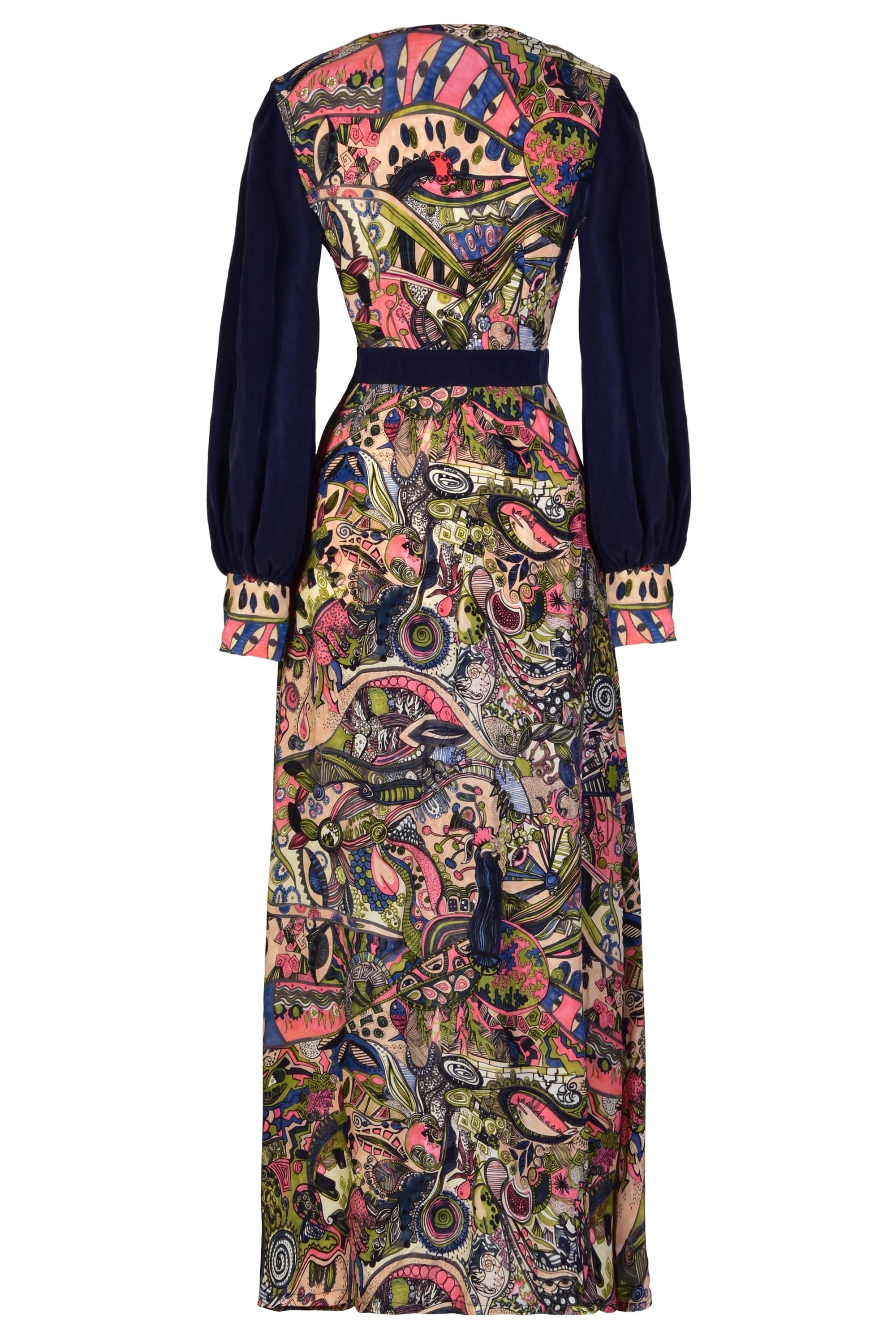 Hand painted long sleeve maxi dress by Blush Athena, featuring vibrant floral patterns and flowing fabric.