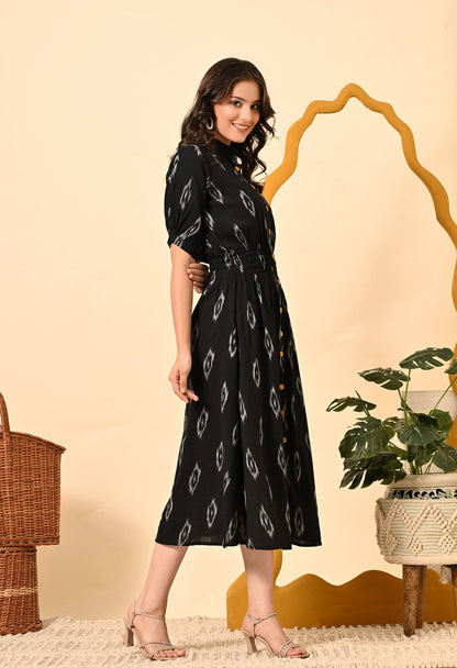 Periwinkle Tiger black diamond elasticated midi dress for women, fitted with a stylish and comfortable design.