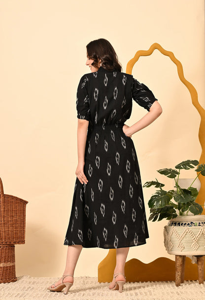Black Diamond elasticated midi dress for women by Periwinkle Tiger, featuring a fitted silhouette and stylish design.