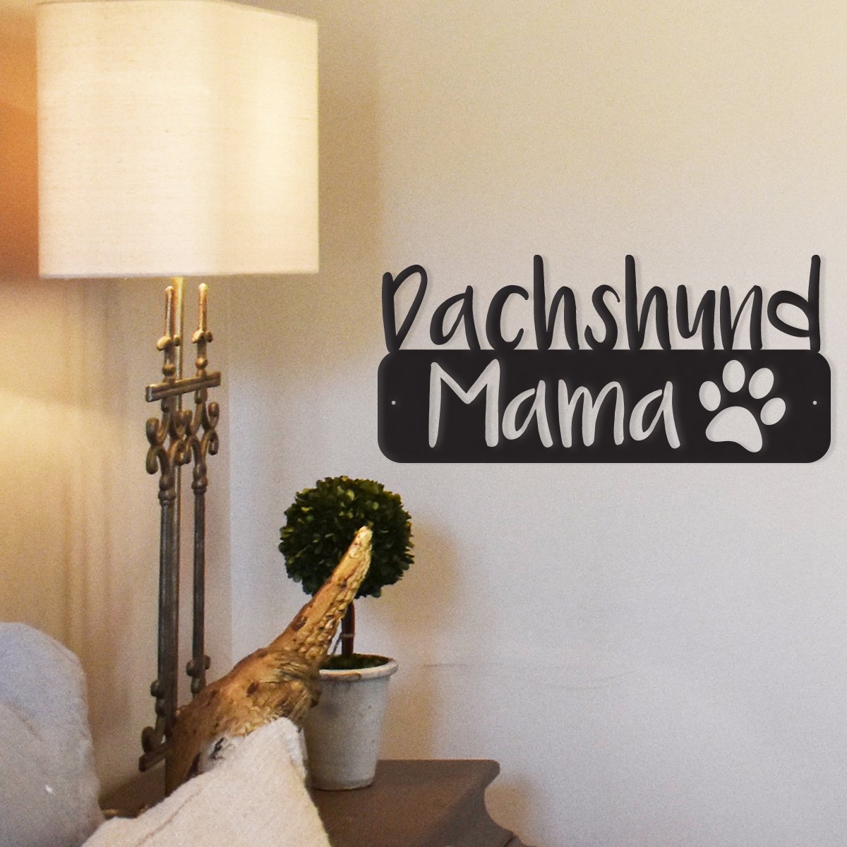 Canis Minor Dog Mama metal wall art featuring a dachshund silhouette for home decor and garden decoration.