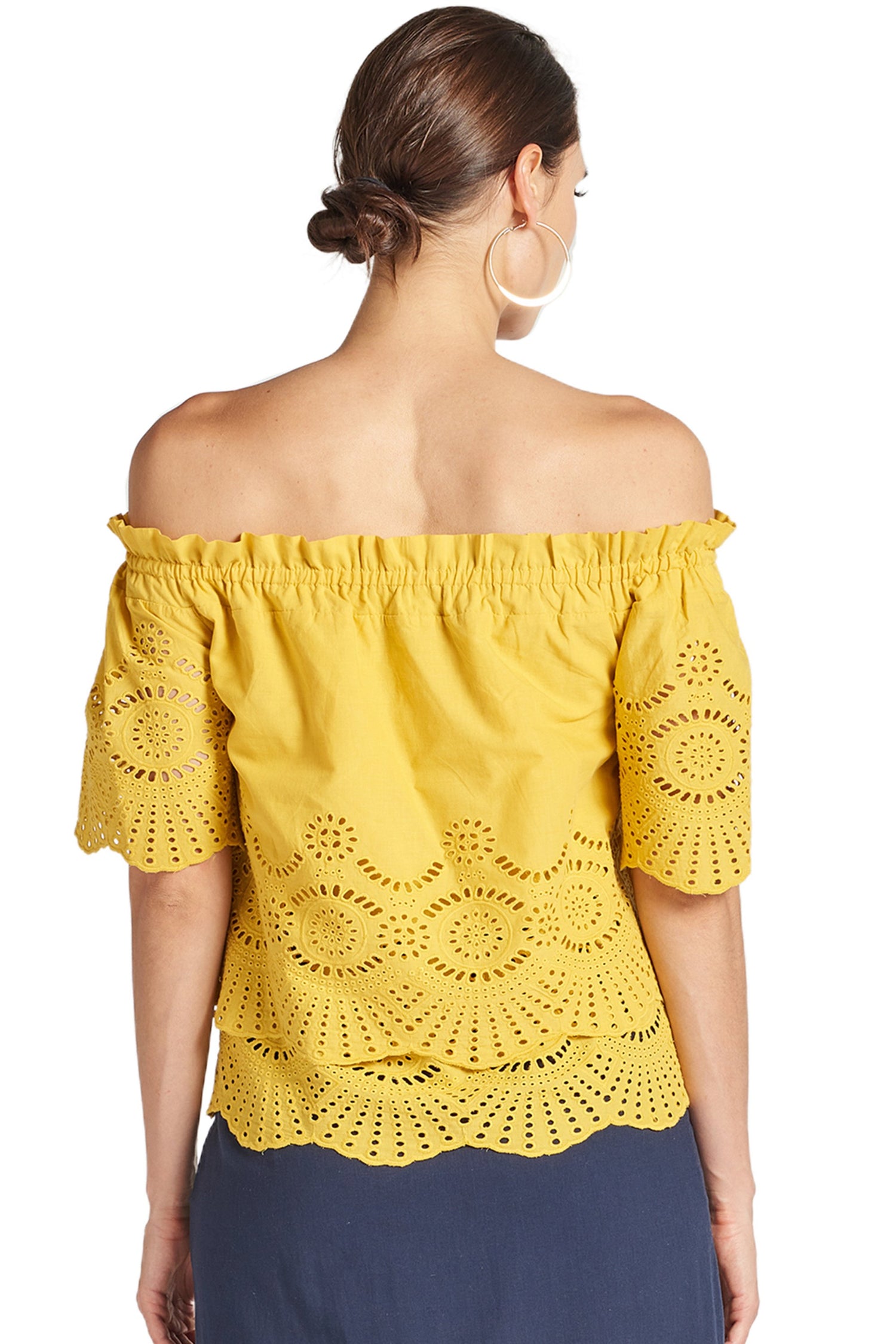 Marigold Daisy Top by Peach Dionysus, double-layer off-shoulder cotton eyelet blouse, back view showcasing layered design.