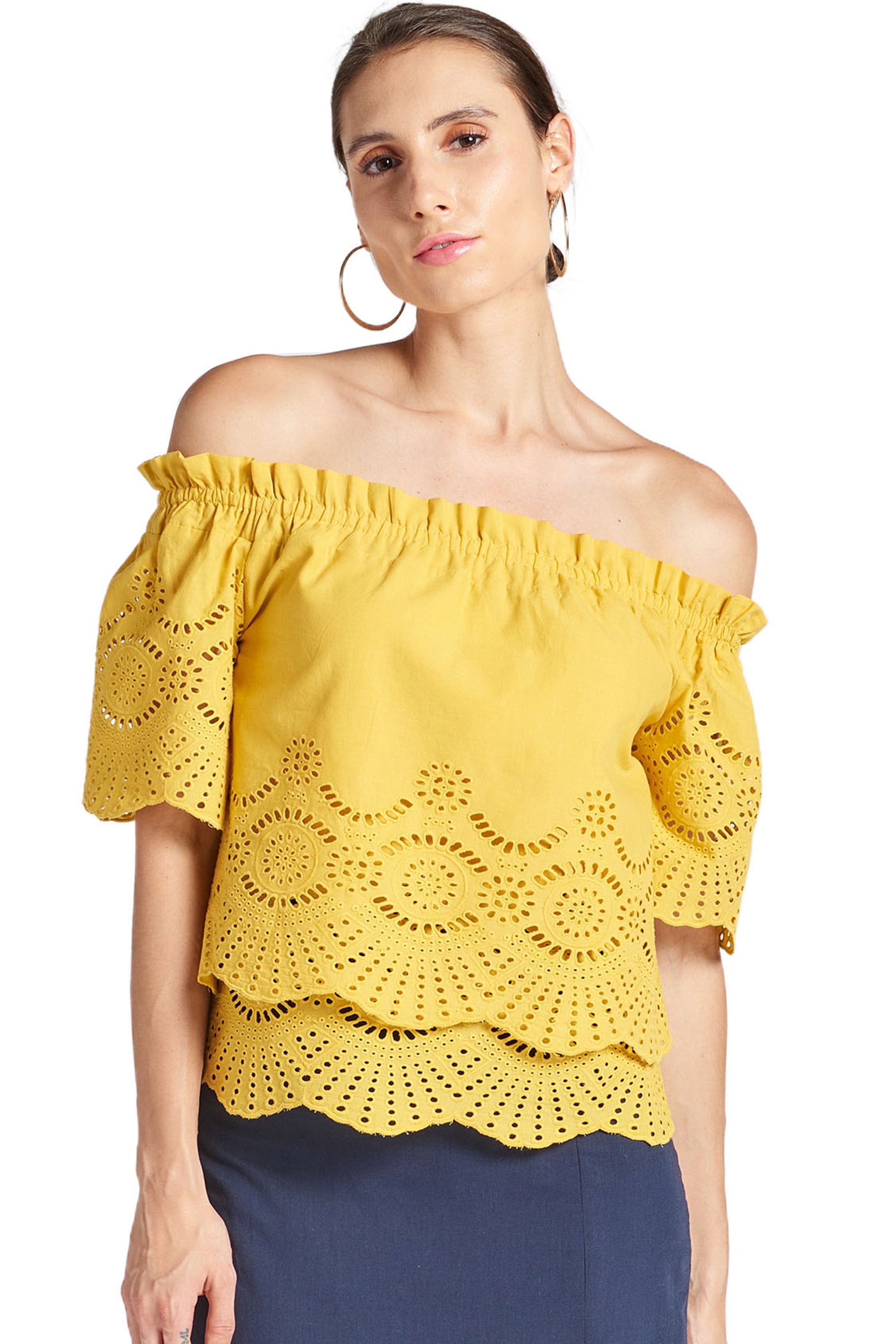 Peach Dionysus Marigold Daisy top, double layer off-shoulder cotton eyelet blouse with floral details and feminine style.