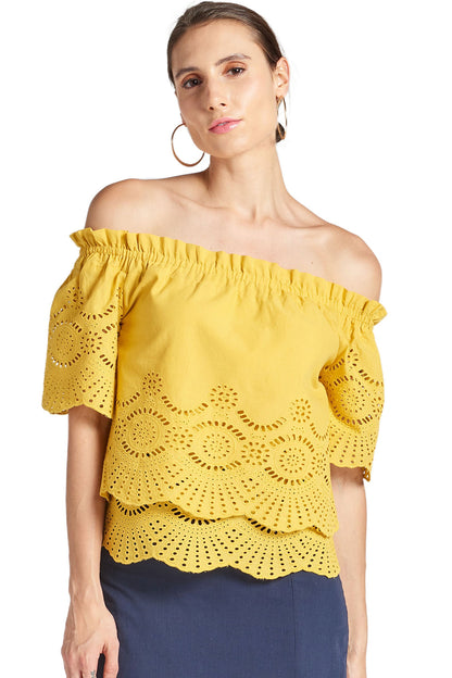 Peach Dionysus Marigold Daisy top, double layer off-shoulder cotton eyelet blouse with floral details and feminine style.