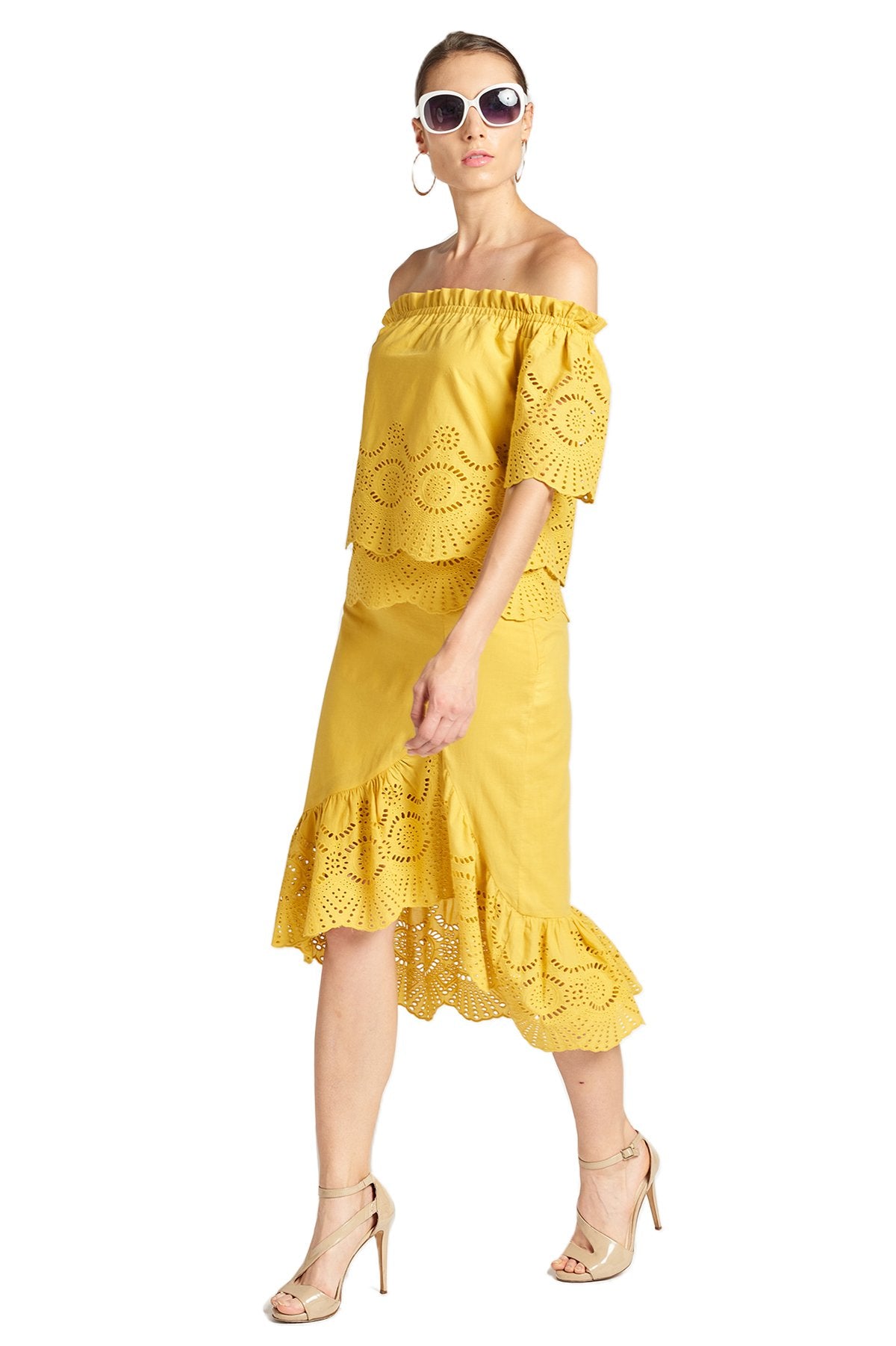Marigold Aster Skirt by Peach Dionysus, cotton eyelet fabric, asymmetric hi-lo design, perfect for casual and summer wear.