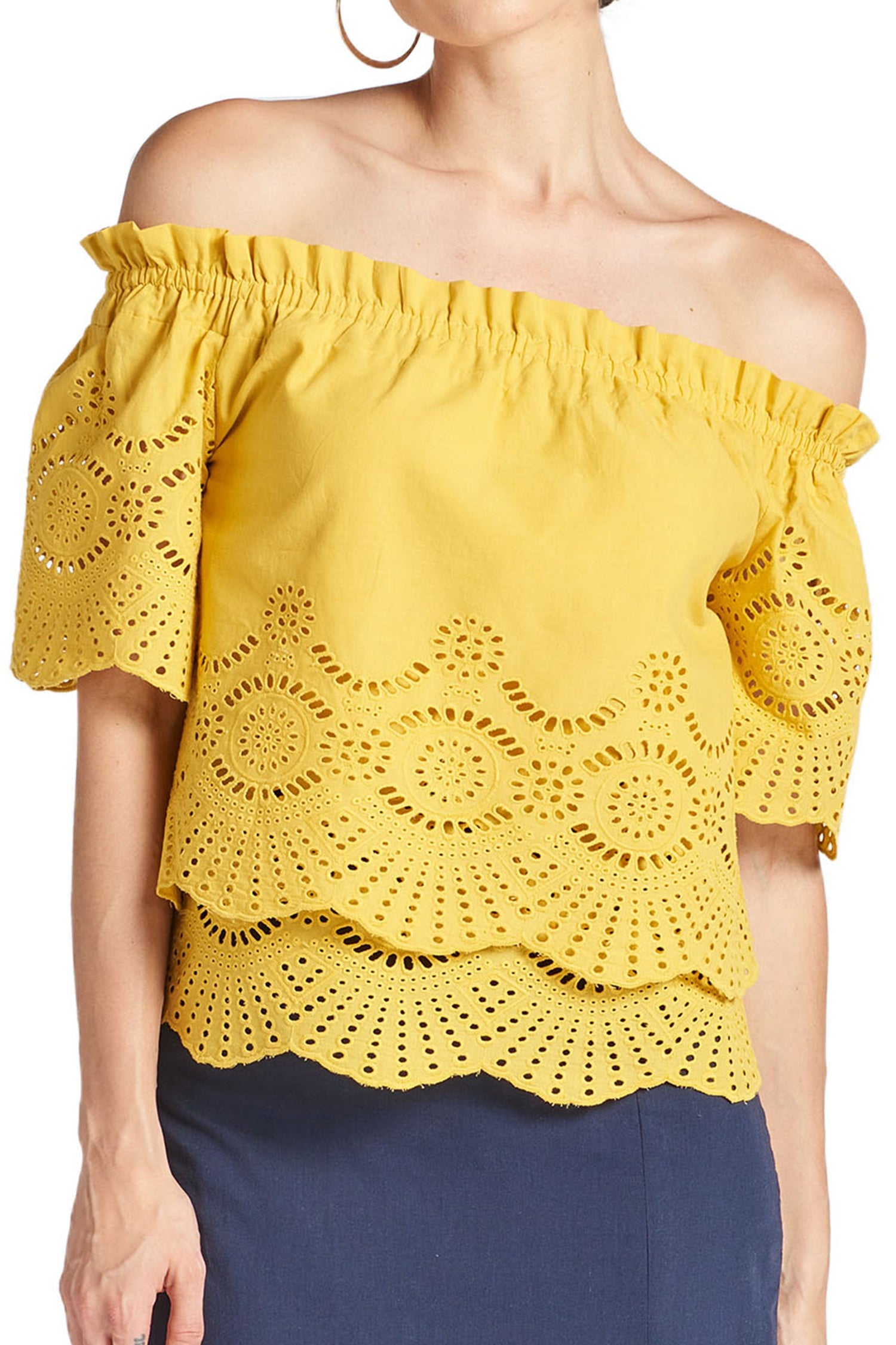 Close-up of Peach Dionysus Marigold Daisy Top, a double-layer off-shoulder cotton eyelet blouse with floral details.