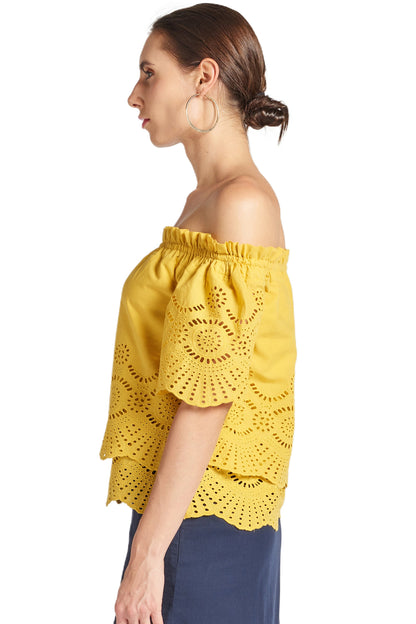 Marigold Daisy Top by Peach Dionysus, double-layer off-shoulder cotton eyelet blouse with floral daisy design.