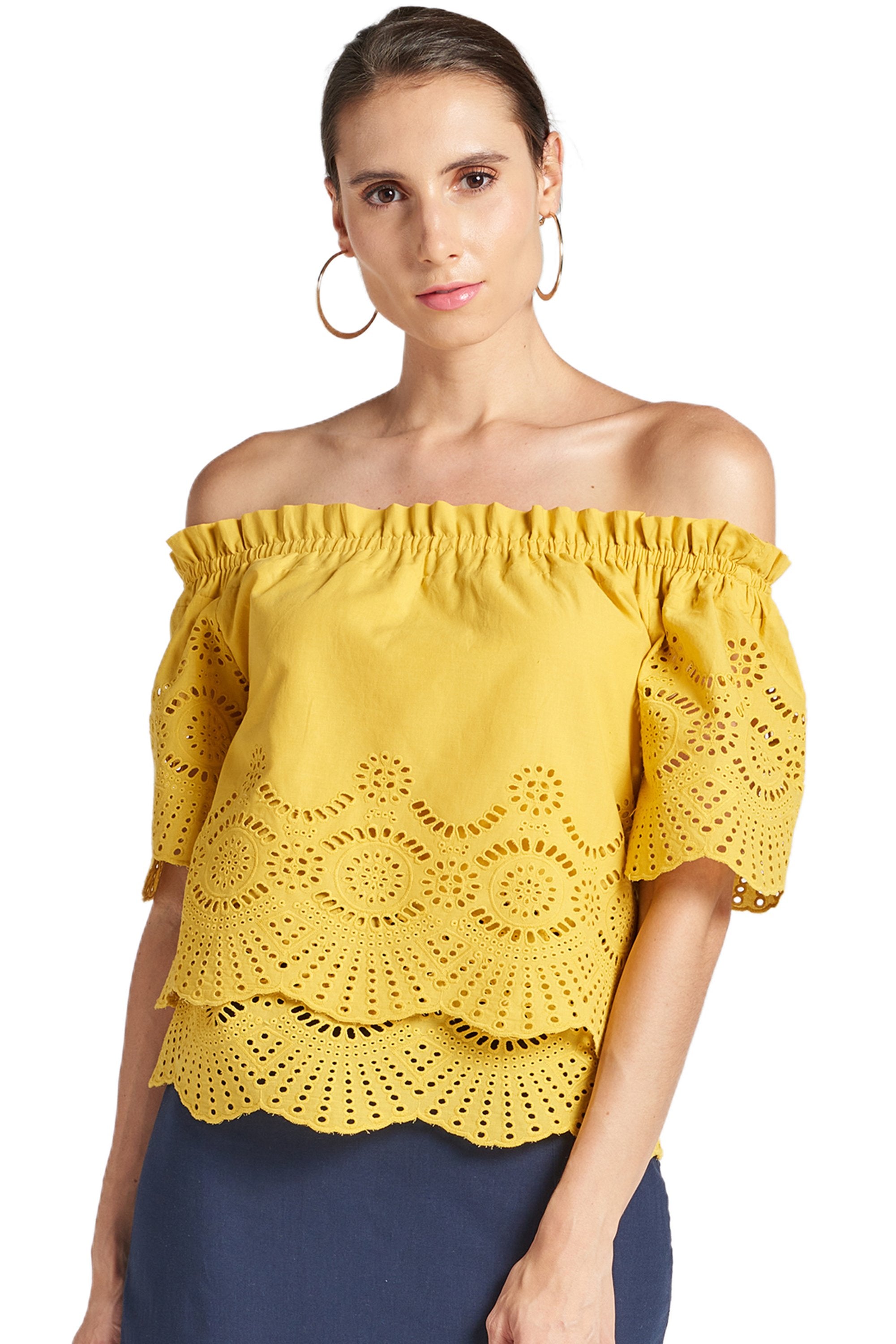 Yellow Marigold Daisy top by Peach Dionysus, double layer off-shoulder cotton eyelet blouse with floral design, front view.