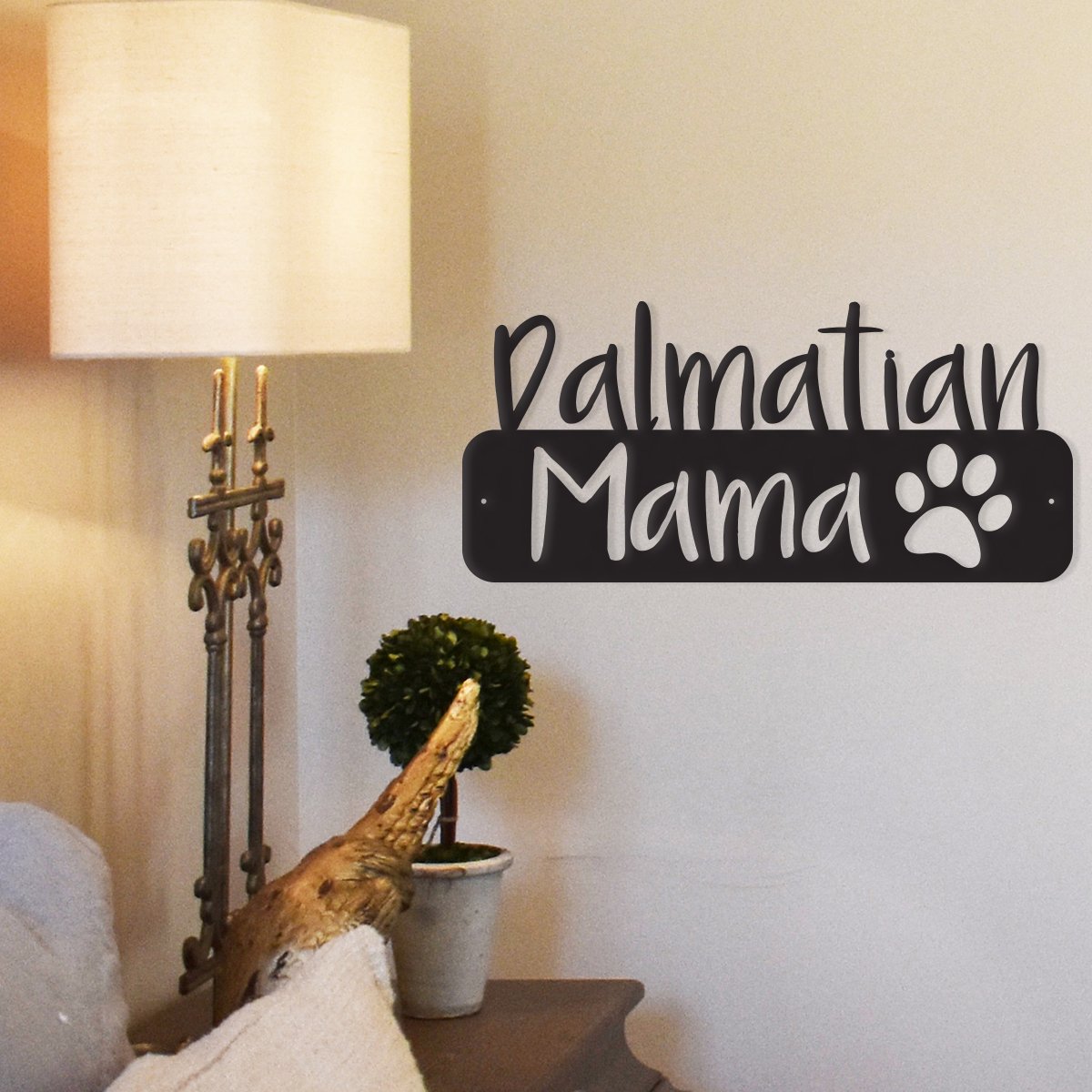 Canis Minor Dog Mama metal wall art featuring a Dalmatian design, decorative home and garden wall decor.