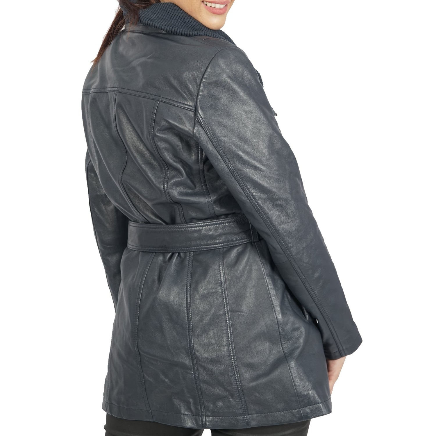 Navy blue leather jacket by Azure Metis featuring a classic design, displayed on a hanger against a neutral background.