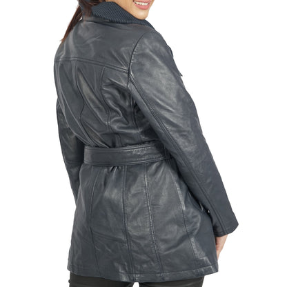 Navy blue leather jacket by Azure Metis featuring a classic design, displayed on a hanger against a neutral background.