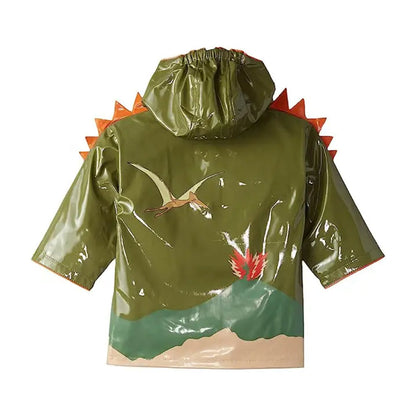 Kids dinosaur raincoat by Magenta Ash hanging on a hanger, showing the back design with colorful dinosaur patterns.