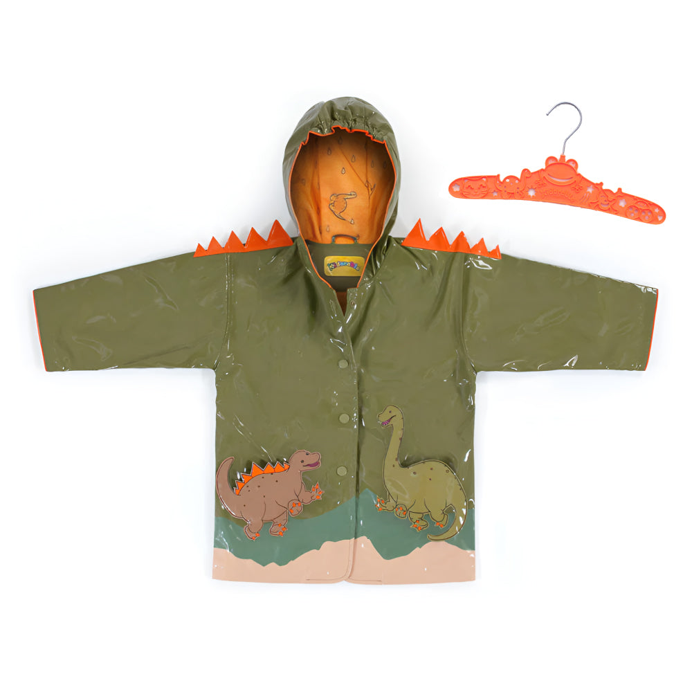 Kids dinosaur raincoat from Magenta Ash with a free hanger, colorful and waterproof, designed for babies and children.