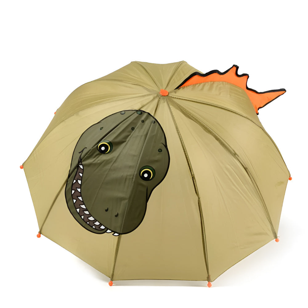 Colorful dinosaur-shaped umbrella for kids and babies with a detailed dinosaur head top, by Magenta Ash.