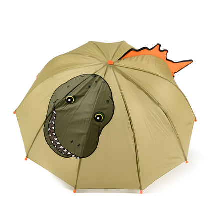 Colorful dinosaur-shaped umbrella for kids and babies with a detailed dinosaur head top, by Magenta Ash.