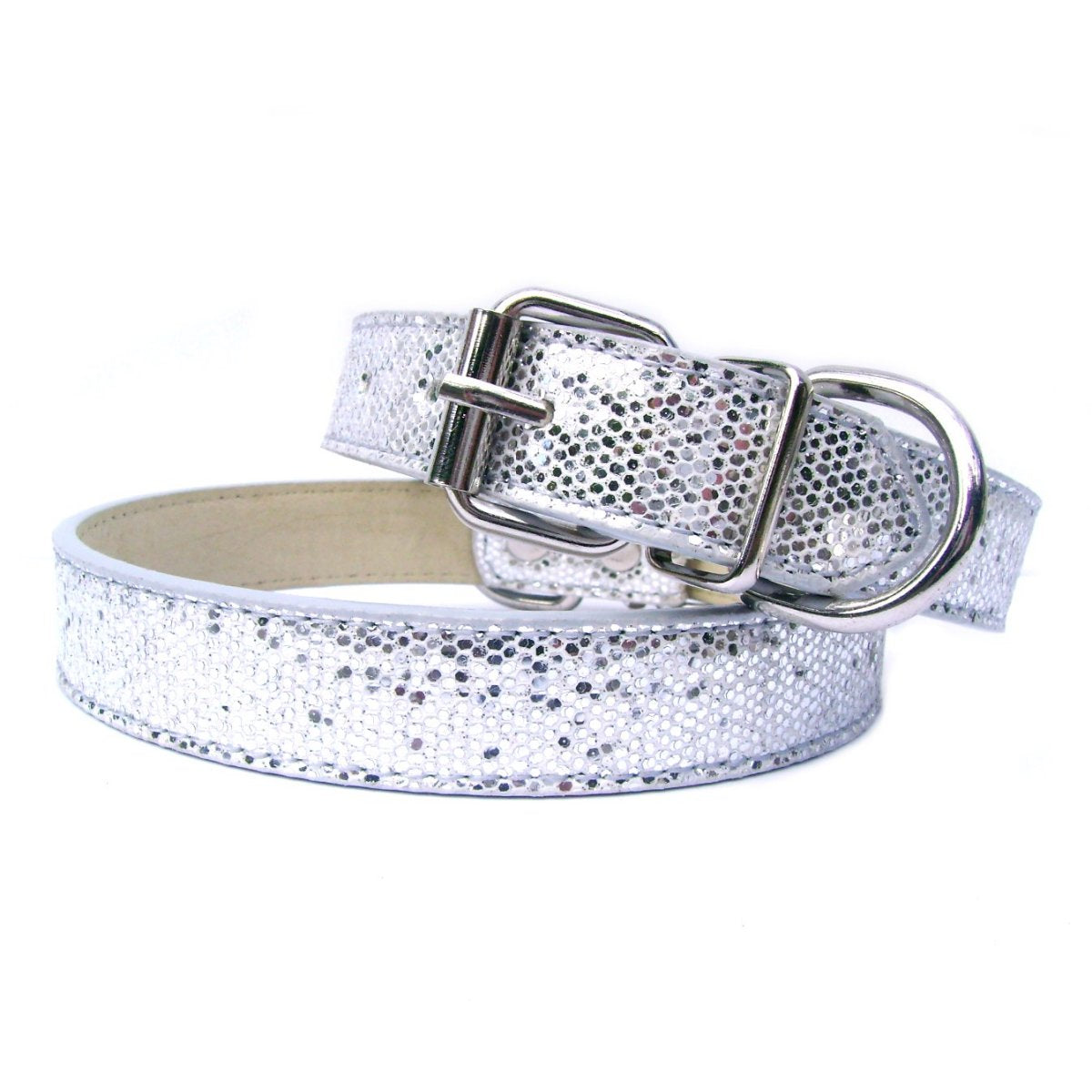 Two Disco Fever Dog Collars by Salmon Oscar featuring vibrant, sparkling designs for fashionable pet wear.